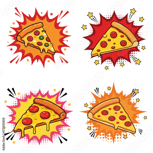 fun burst pop art pizza slice vector collection hand-drawn flat solid comic style fast food clip art on white background
