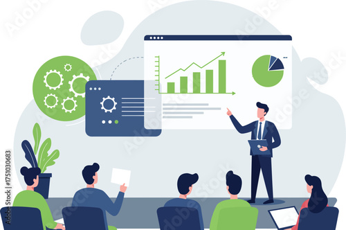 Corporate presenter explains growth metrics using bar and pie charts during a professional team meeting