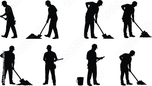 Silhouette construction workers with tools, manual labor teamwork, industrial site activity, building crew at work, construction industry illustration, occupational safety,
