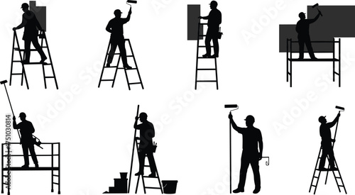 Silhouette painters working with ladders, scaffolding, stairs, paint rollers, safety equipment, construction workers painting walls, industrial maintenance, occupational safety, teamwork, renovation,