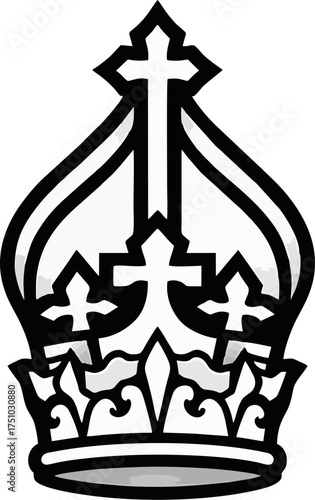 Stylized Bishop Mitre Crown Vector – Ornate Black and White Pope Hat with Christian Cross Line Art