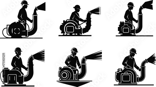Leaf blower operator silhouettes, landscaping maintenance workers, protective gear usage, helmet and mask safety, black vector illustrations, outdoor cleaning equipment scenes