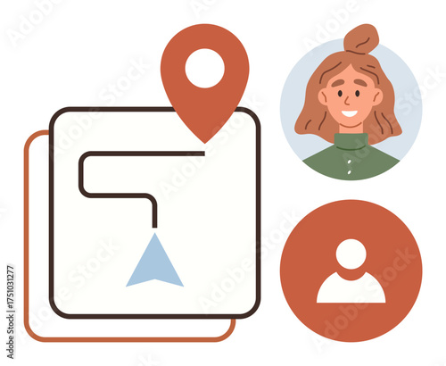 Geolocation map path with a blue pointer, red location pin, user avatar icon, and smiling female portrait. Ideal for navigation, user interface, location tracking, journey, user identification