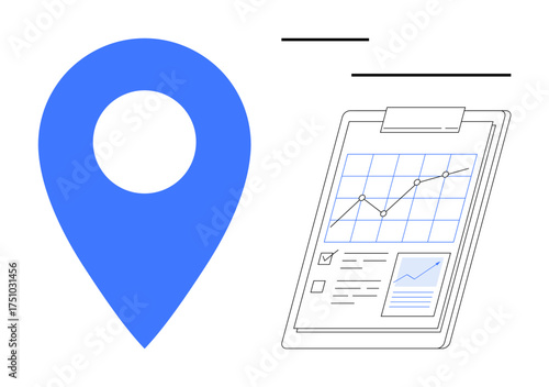 Blue geolocation marker next to a clipboard displaying growth chart, checklists, and statistics. Ideal for navigation, business strategy, market research, planning, data analysis, decision-making