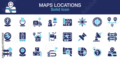 Maps Location solid icons collection. Containing gps, pin, location, travel, marker, route, direction and more. Solid vector icons collection. Vector Illustration.