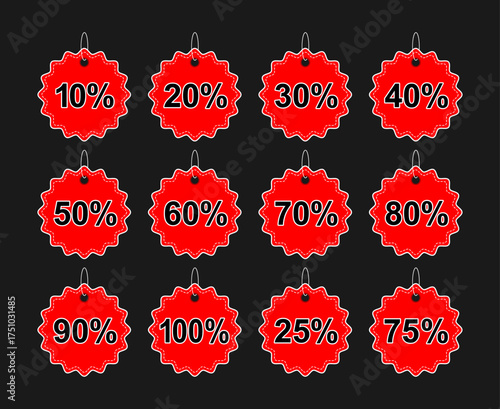 Red Starburst Discount Sticker Set 10 to 100 Percent, Price Tag Collection, Black Friday Vector Icon