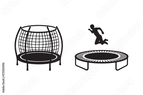 Two trampolines and a silhouette of a person jumping