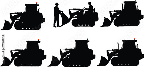 Silhouette construction bulldozer, heavy equipment machinery, industrial vehicle with worker, front loader illustration