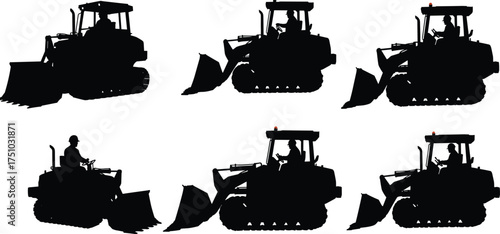 Bulldozer silhouette construction vehicles with operators, heavy machinery equipment illustration, industrial earthmoving machines, black graphic icons, excavation tractors,