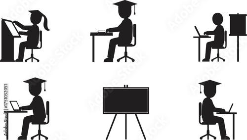 Silhouette icons of students at desks with laptops, graduation caps, academic study, education technology, classroom learning vector illustration design