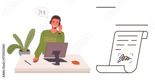 Customer service representative with headset assisting digitally, beside a signed document. Ideal for customer service, digital contract, communication, support, professionalism, remote work, simple