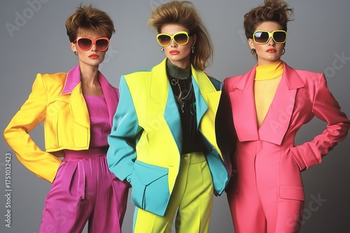 vintage 80s fashion power suits with bold shoulder pads and neon colors