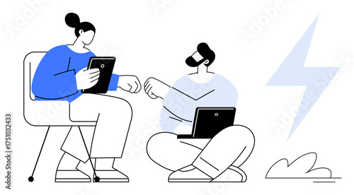 Two coworkers engaged in teamwork using a tablet and laptop, fist bumping as a sign of unity. Lightning bolt symbolizes creativity and energy. Ideal for innovation, teamwork, productivity