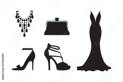 Elegant evening wear accessories and gown silhouette