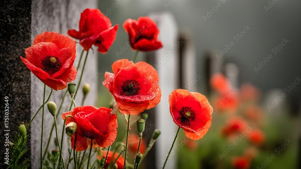 Fototapeta premium Red poppies with dew bloom beside a row of gravestones in a quiet cemetery. Concept Poppies and gravestones, Dew on petals, Quiet cemetery, Memorial imagery, Somber mood