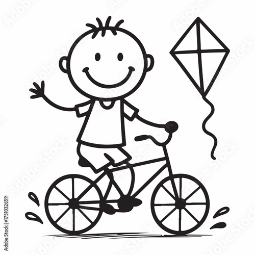 Cute stick figure child happily riding a bicycle illustration for banners