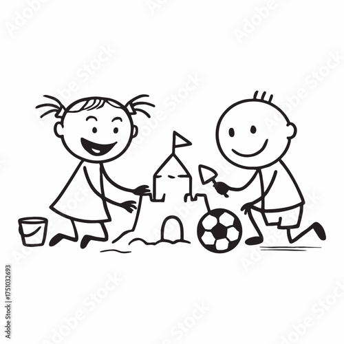 Two children joyfully building a sandcastle on a sunny summer day