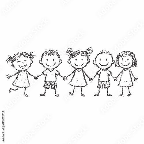 Joyful stick figure children energetically jumping and dancing in a sketch style
