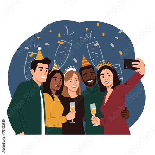 Happy multiethnic friends in party hats taking a group selfie during a New Year's Eve celebration.
