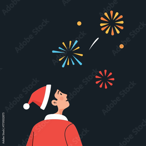A person wearing a Santa hat watches colorful fireworks explode in the dark night sky during a holiday celebration.