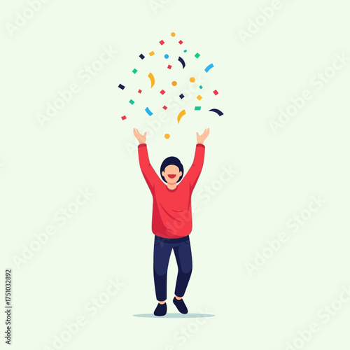 Illustration of a joyful person with arms raised celebrating under falling colorful confetti.