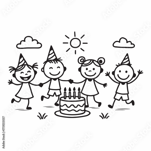 Doodle style stick figure children celebrating a birthday party with cake