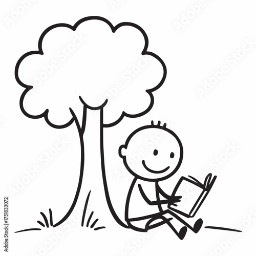 Clean contour stick figure child reading book under tree black white