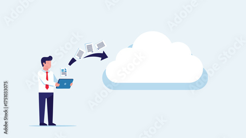Businessman uploading files to cloud storage from laptop