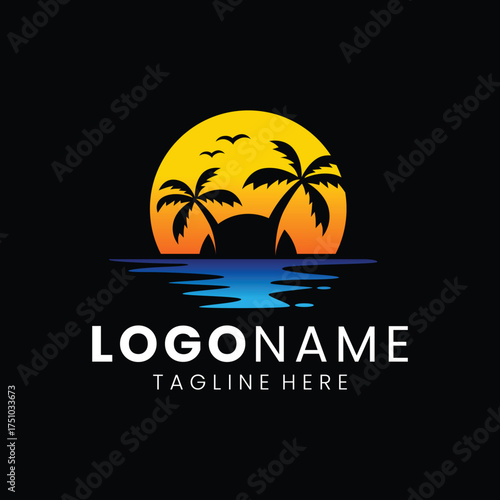 Sunset Beach Logo Design. Minimalist and Modern. Vector illustration