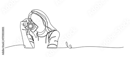 continuous single line drawing of woman with DSLR camera taking pictures