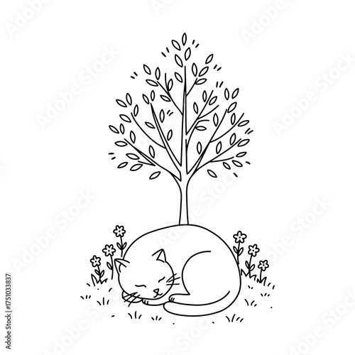 Cute cat sleeping peacefully under a small tree with flowers.