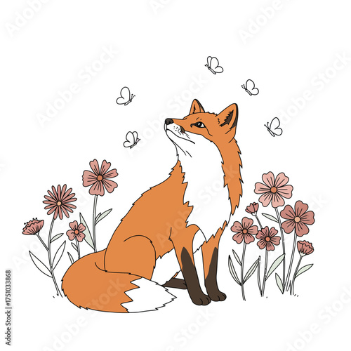 Cute Fox Sitting in a Field of Flowers with Butterflies.