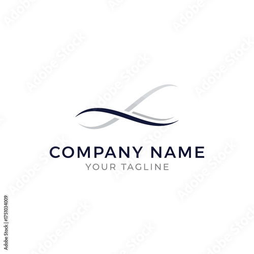A logo featuring a stylized, flowing abstract design in dark blue and light gray, with "COMPANY NAME" and "YOUR TAGLINE" text below it on a white background.