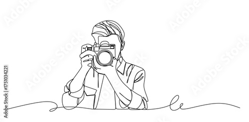 continuous single line drawing of woman with DSLR camera taking pictures
