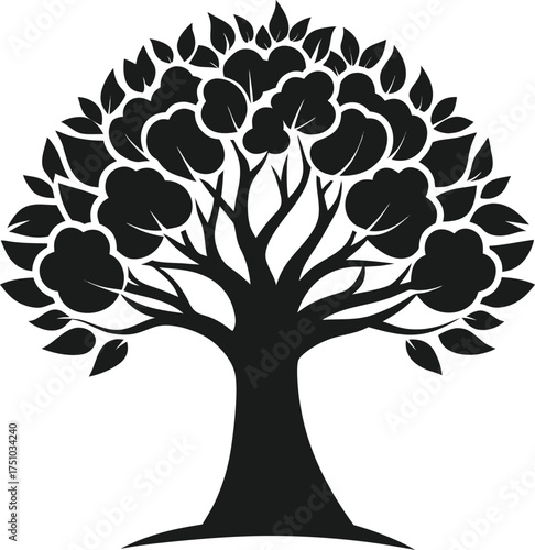 Stylized dark silhouette of a lush tree laden with apples and rich branching patterns