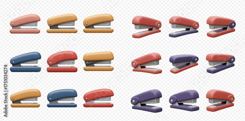 A collection of colorful staplers in various shades and styles.