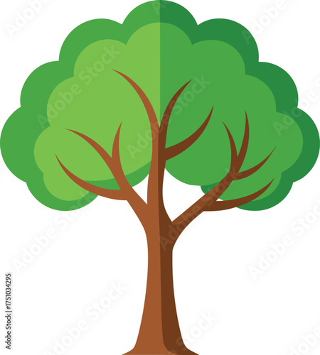 Stylized green tree with brown trunk and branches simple flat design