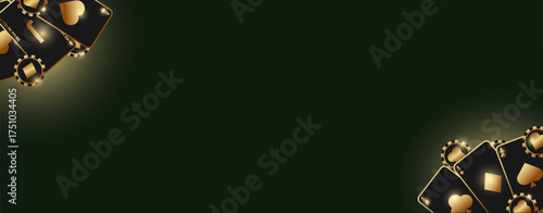 A background for casino or card games. Dark green background with black cards with gold trim.