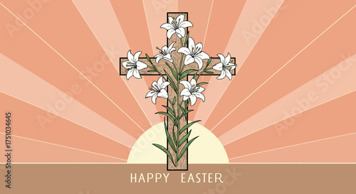 Happy Easter greeting card featuring a wooden cross wrapped in white lily flowers with a sunburst background.