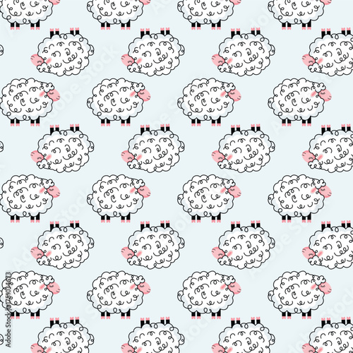 Seamless Pattern of Adorable Sleeping White Fluffy Sheep on a Soft Blue Background Design