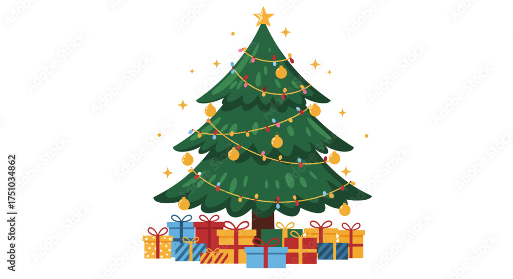 Naklejka premium A beautifully decorated cartoon Christmas tree with a star, lights, and ornaments, surrounded by a pile of colorful gift boxes.