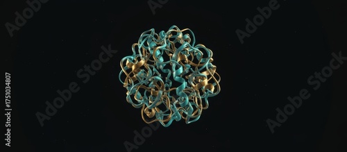 Complex molecular structure depicting protein folding with intertwined strands on black background.
