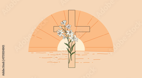 A serene illustration of a Christian cross adorned with white lilies, set against a minimalist sunrise over water.