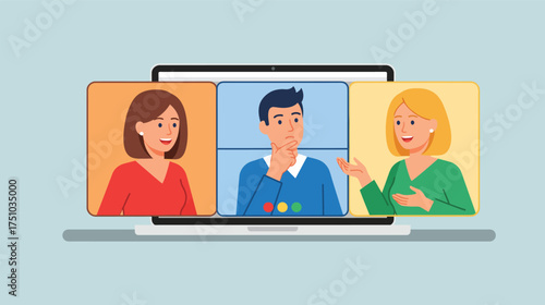 Online meeting with three people on a laptop screen