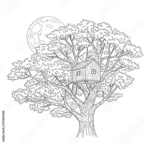 Whimsical Treehouse Under a Full Moon.