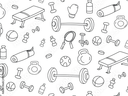 Seamless Fitness Equipment Pattern in Black and White Outline Style