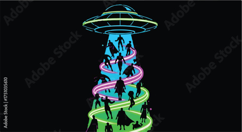 Silhouetted figures ascend a vibrant spiral beam towards a hovering alien spacecraft in a cosmic scene.