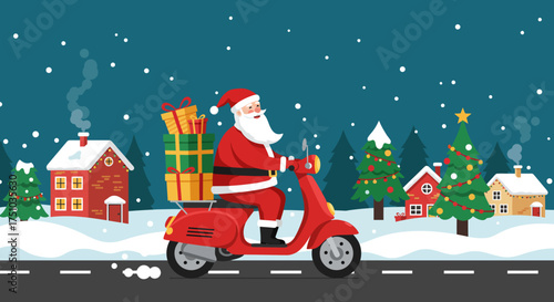 Santa Claus riding a red scooter to deliver Christmas presents in a snowy winter village scene.