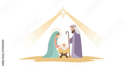 Nativity scene illustration with the holy family, Mary, Joseph, and baby Jesus in a manger under the Star of Bethlehem.