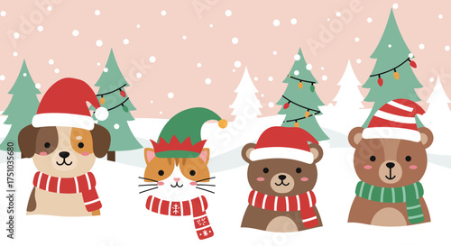 Cute cartoon animals including a dog, cat, and bears celebrating Christmas in a snowy winter forest.
